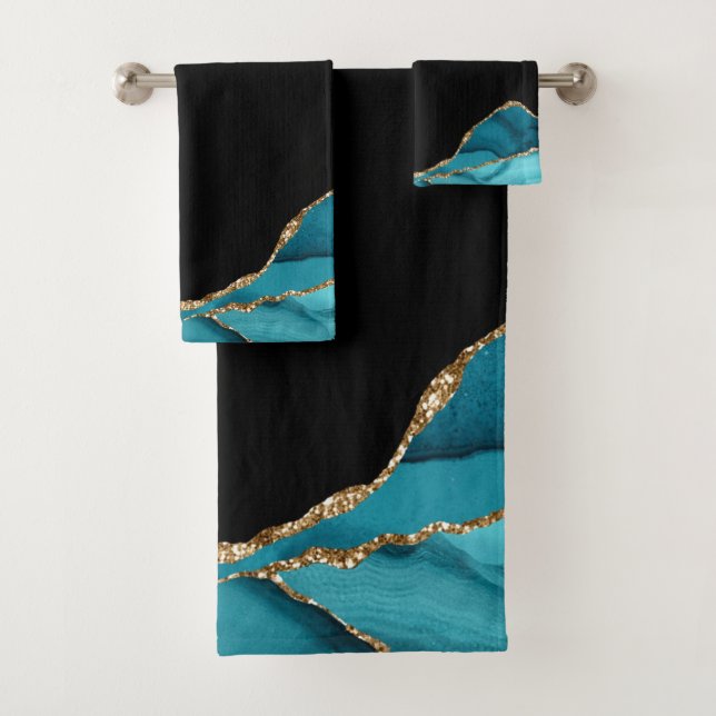 Moderner Aquamariner und goldener Agate Stone Badhandtuch Set (Insitu)