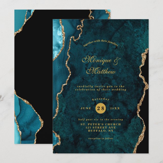 Moderner Aquamariner und goldener Agate Stone Wedd Einladung (Vorne/Hinten)