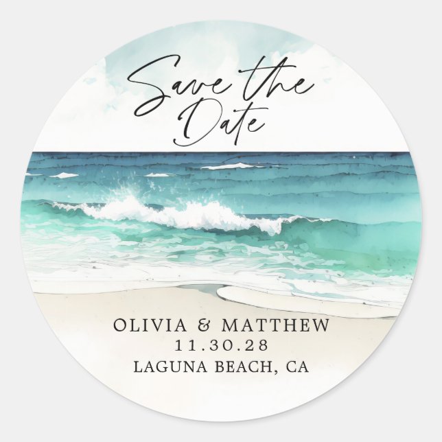 Moderner Aquarellstrand Save the Date Runder Aufkleber (Vorderseite)