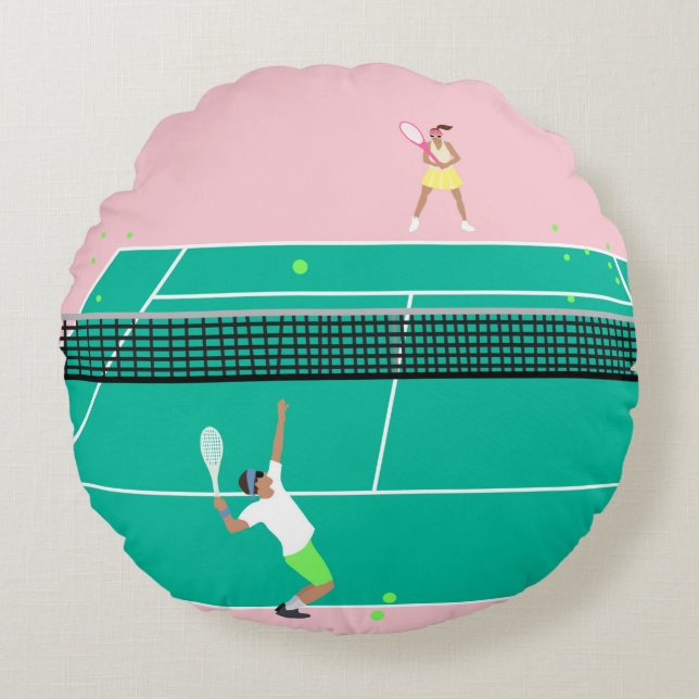 Moderner Art Tennis Match Player Rosa Grün Rundes Kissen (Vorderseite)