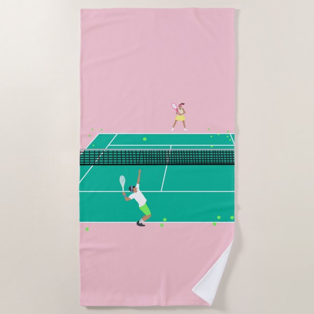 Moderner Art Tennis Match Player Rosa Grün Strandtuch (Vorderseite)