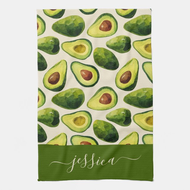 Moderner Avocado-Muster-Schriftname Geschirrtuch (Vertikal)