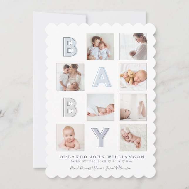 Moderner Baby Block Letters Foto Grid Collage Boy Ankündigung (Vorderseite)