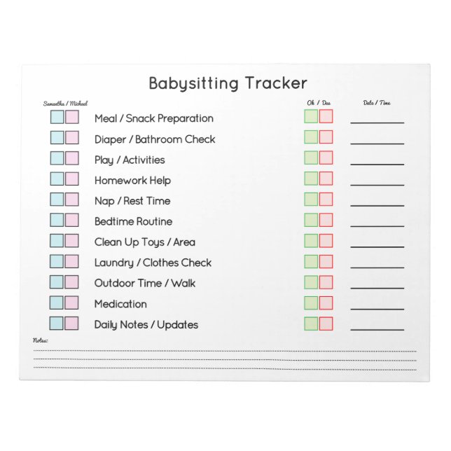Moderner Babysitter-Aufgabenplaner Notizblock (Vorderseite)