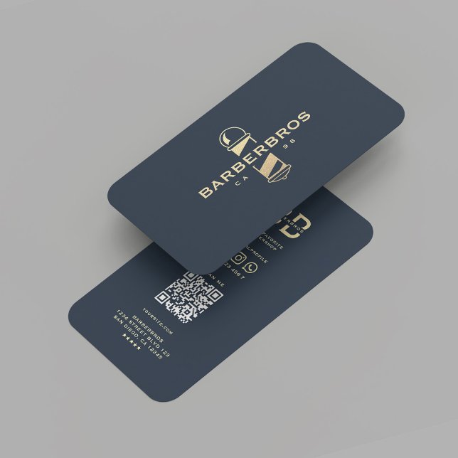 Moderner Barber Gold Barber's Pole Barbershop Blau Visitenkarte (Modern Barber Gold Barber's Pole Barbershop Professional Barber Dark Blue Business Card
)