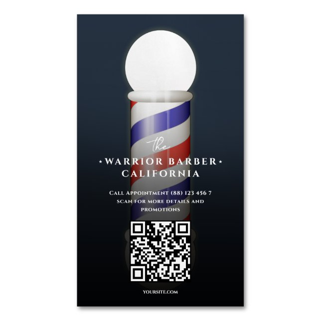 Moderner Barbershaus-Pole Barbershop QR Magnetische Visitenkarte (Vorderseite Vertikal)
