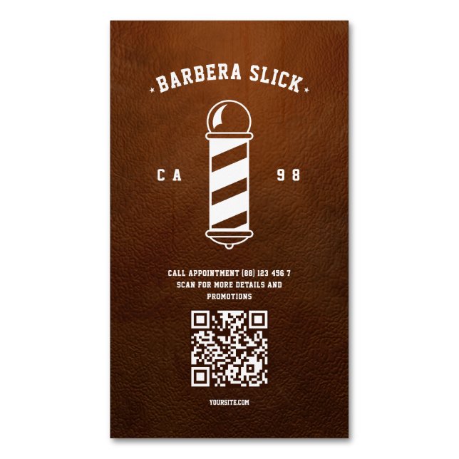 Moderner Barbershop Barber's Pole Leather Barber Magnetische Visitenkarte (Vorderseite Vertikal)