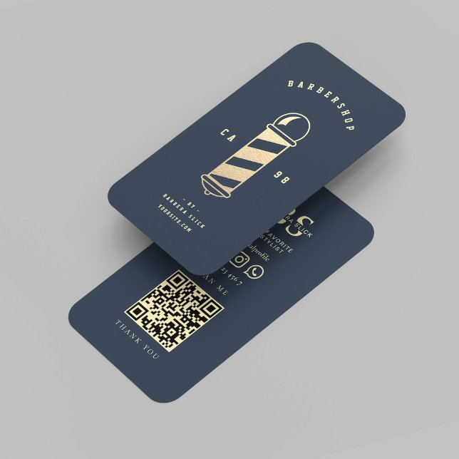 Moderner Barbershop Dark Blue Gold Barber Pole Visitenkarte (Modern Barbershop Dark Blue Gold Barber Pole Business Card
)