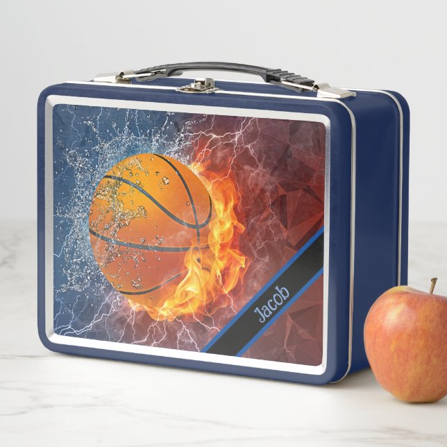 Moderner Basketball auf Feuer - individueller Name Metall Brotdose (Beispiel)