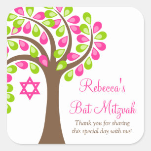 Moderner Baum Rosa Grüner Bat Mitzvah Quadratischer Aufkleber