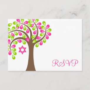 Moderner Baum von Leben-Rosa-Grün-Schläger Mitzvah RSVP Karte