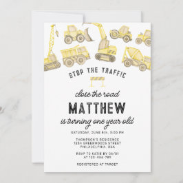 Moderner Bauwagen erster Geburtstag Einladung