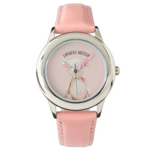 Moderner Beauty Pastel Pink Teddy Bär mit Namen Armbanduhr