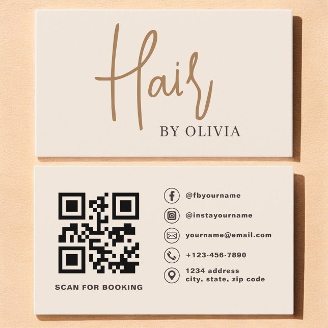 Moderner Beige Neutraler QR-Code-Friseur Visitenkarte (Von Creator hochgeladen)