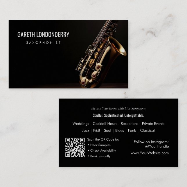 Moderner Beruflicher sächsischer Musiker QR-Code Visitenkarte (Modern Professional Saxophonist Musician QR Code Business Card)