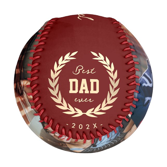 Moderner bester Vater je 3 Foto Red Gold Baseball (Baseball for Dad Best Dad Ever Custom Name Script Photo Gold Red Modern)