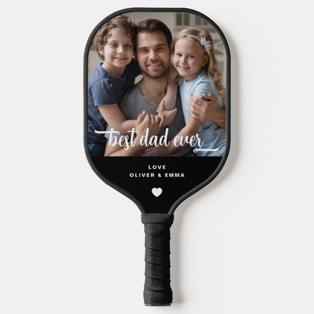 Moderner bester Vater je Foto Schwarz spielen Pickleball Schläger (Vorderseite)