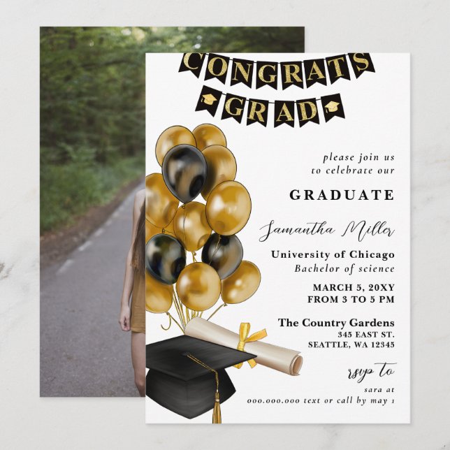 Moderner Black and Gold Balloons Foto Abschluss Einladung (Vorne/Hinten)