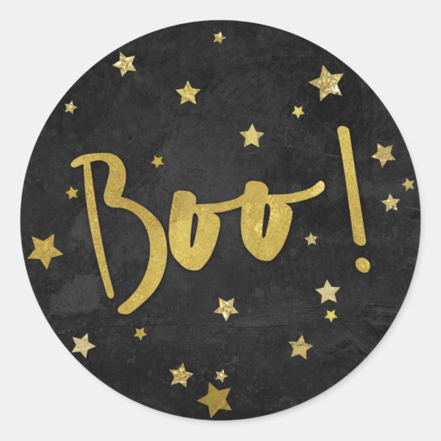 Moderner Black and Gold Stars Halloween Boo! Runder Aufkleber (Vorderseite)