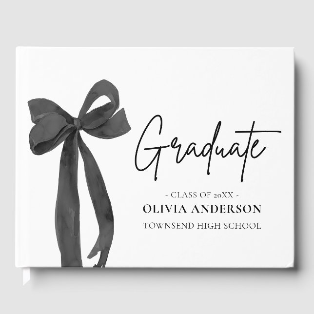 Moderner Black Bow Coquette Graduate Abschluss Gästebuch (Vorderseite)