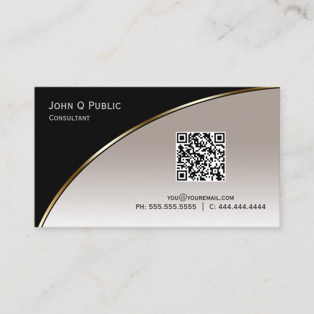 Moderner Black Champagne QR Elegant Beruflich Visitenkarte (Vorderseite)