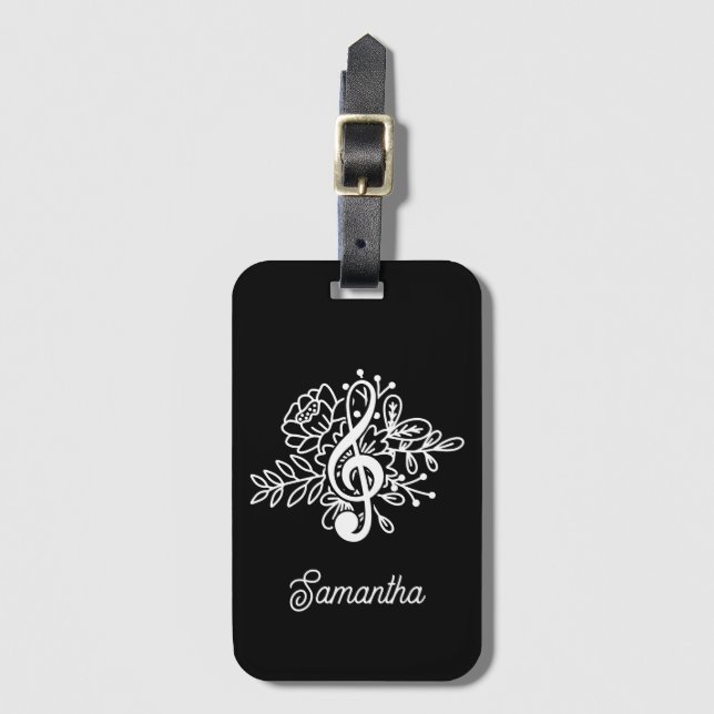 Moderner Black Floral Treble Clef Musician Chor Gepäckanhänger (Vorderseite Vertikal)