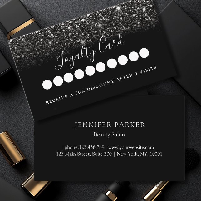 Moderner Black Glitzer Salon & Wellness-Center Loy Visitenkarte (Modern Black Glitter Salon & Spa Loyalty Business Card)