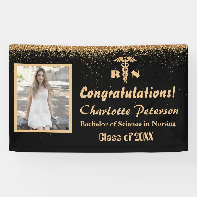 Moderner Black & Gold Glitzer Nurse Abschluss  Banner (Horizontal)
