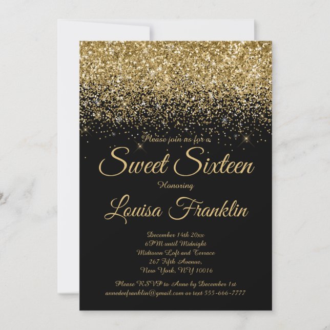 Moderner Black & Gold Glitzer Sweet 16 Einladung (Vorderseite)