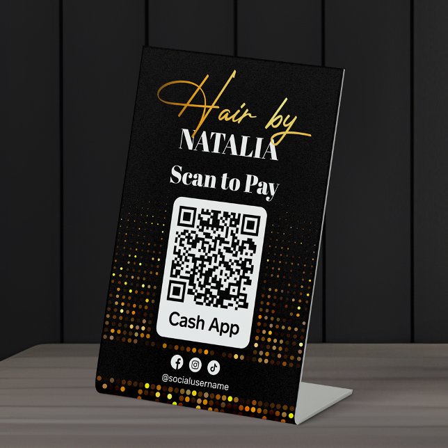Moderner Black Gold Hair Salon Cash App QR Code Sockelschild (Von Creator hochgeladen)