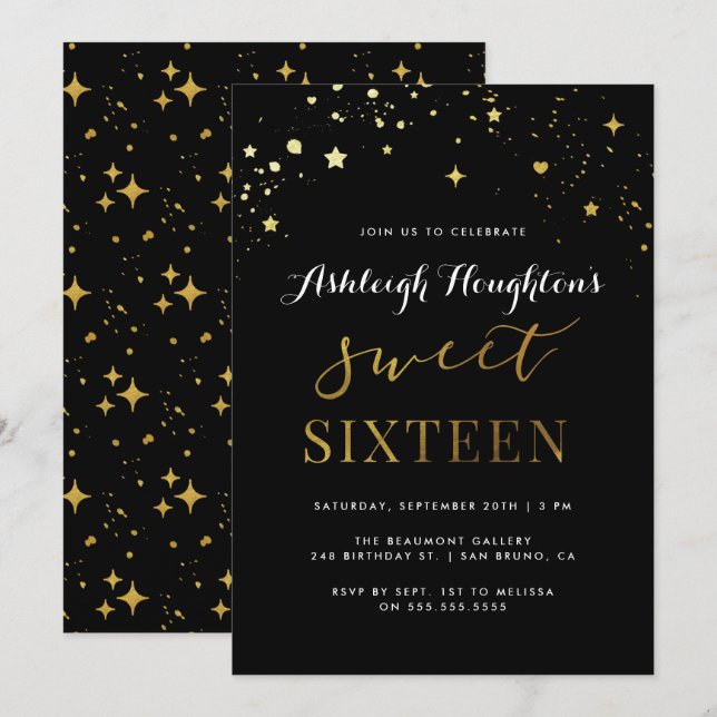 Moderner Black & Gold Star Confetti Sweet 16 Einladung (Vorne/Hinten)