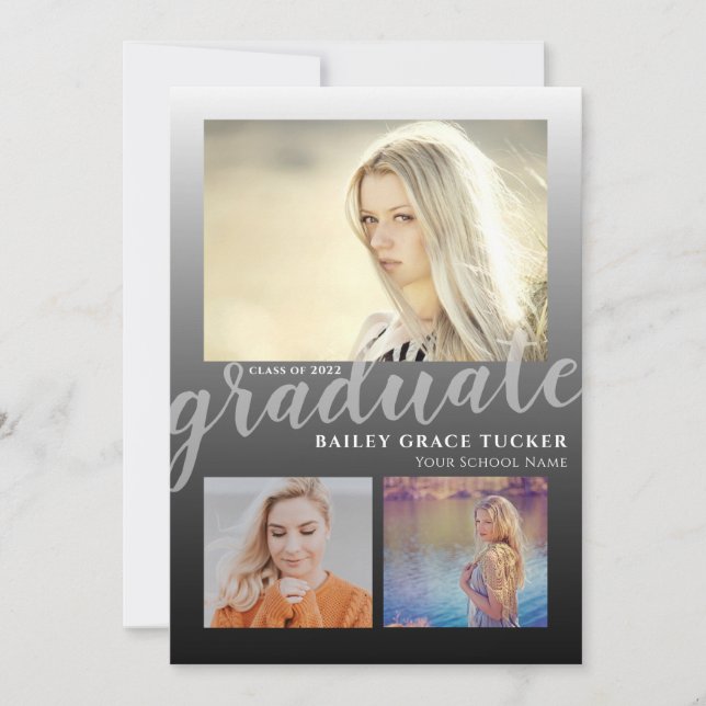 Moderner Black Ombre Graduate 3-Foto Abschluss Ankündigung (Vorderseite)