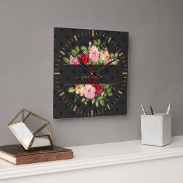 Moderner Black Polka Dot und Rose Personalisiert Quadratische Wanduhr