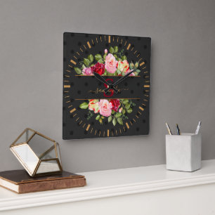 Moderner Black Polka Dot und Rose Personalisiert Quadratische Wanduhr