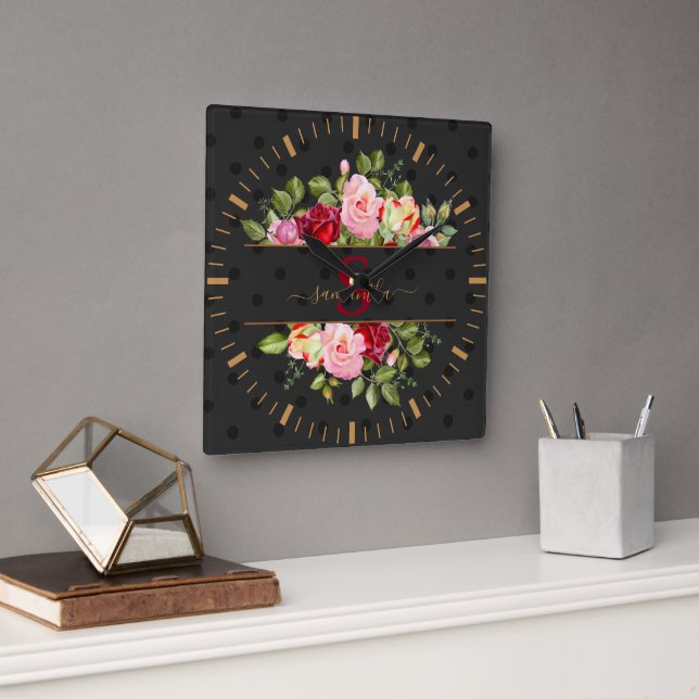 Moderner Black Polka Dot und Rose Personalisiert Quadratische Wanduhr (Büro)