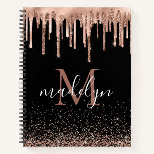 Moderner Black & Rose Gold Glitzer Mit Monogramm Notizbuch