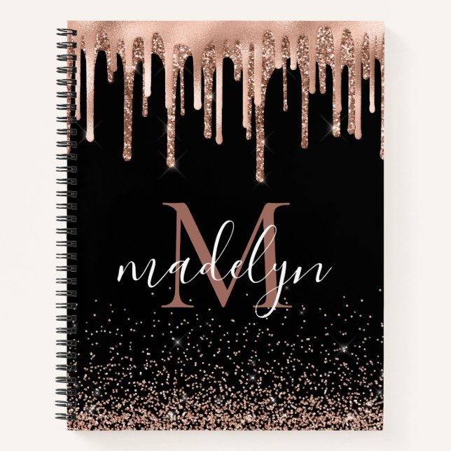 Moderner Black & Rose Gold Glitzer Mit Monogramm Notizbuch (Vorderseite)