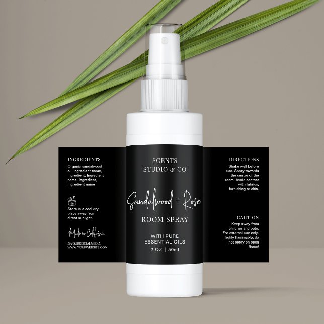 Moderner Black Script Room Spray Flasche Wrapper (Simple air freshener spray bottle packaging design in black and white)