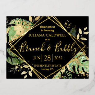 Moderner Black Tropical Bridal Brunch & Bubbly Gol Folie Einladungspostkarte