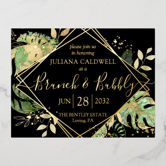 Moderner Black Tropical Bridal Brunch & Bubbly Gol Folie Einladungspostkarte (Vorderseite)