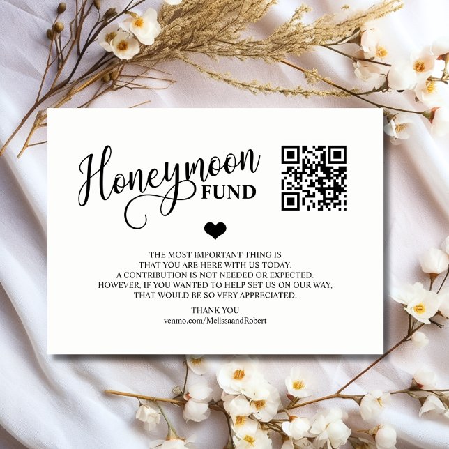 Moderner Black & White Honeymoon Fund + QR Code Begleitkarte (Modern Black & White Honeymoon Fund + QR Code Enclosure Card | Classic heart)