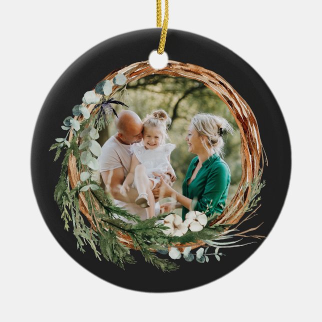 Moderner Blattkranz Foto Weihnachtsschwarz Keramik Ornament (Vorne)
