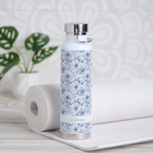 Moderner blauer Aquarell-Blumenmuster-Name Trinkflasche