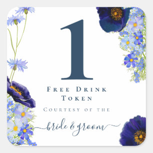 Moderner blauer floraler Hochzeits-Trinktoken Quadratischer Aufkleber