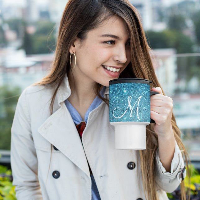 Moderner blauer Glitzer Glitzern Personalisiert Na Reisebecher (Von Creator hochgeladen)