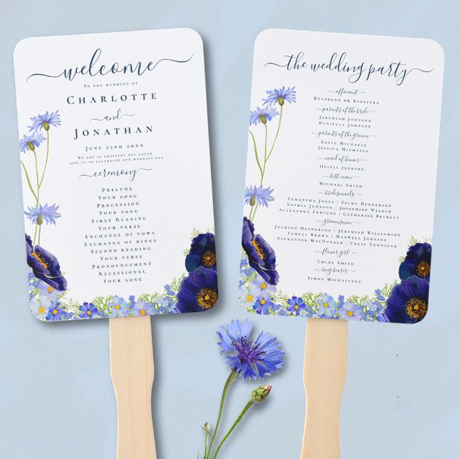 Moderner Blauer Hochzeitstag der Wildblume Fächer (Elegant blue floral watercolor day of wedding programme fan with stylish typography script )