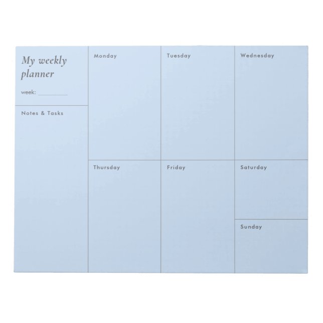Moderner blauer minimalistischer Wochenplaner Notizblock (Vorderseite)