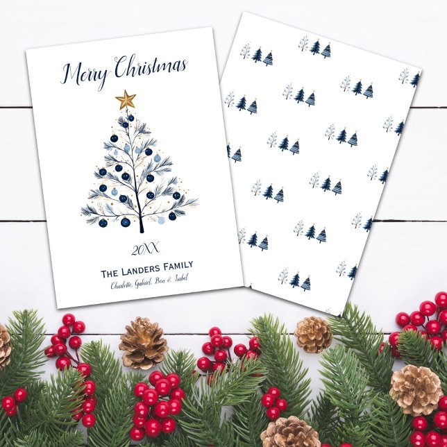Moderner Blauer und Gold Weihnachtsbaum Feiertagskarte (Modern Blue and Gold Personalized Christmas Tree Holiday Card Front and Back)