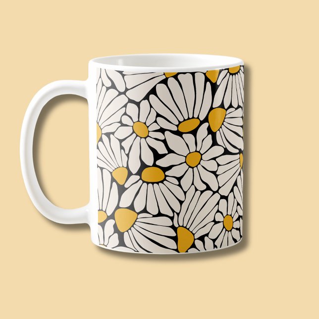 Moderner Blockdruck gelb, schwarz Kaffeetasse (Retro floral daisy dream coffee mug)
