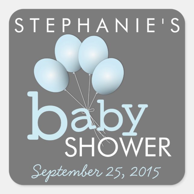 Moderner Blue Balloon Baby Showaufkleber Quadratischer Aufkleber (Vorderseite)